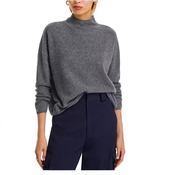 Luxurious 100% Cashmere Mock Neck Brushed Cashmere Sweater By Aqua in Med Gray - Picture 2 of 5